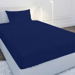 mayfair homes london Navy Blue Solid 210 TC Cotton Single Sized Bedsheet with 1 Pillow Cover Satin Stripe 2024 Collection-picture-13