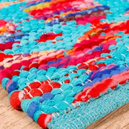 HANDICRAFT PALACE Turquoise Blue & Red Self Design Braided Cotton Carpet image 3