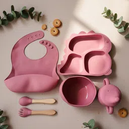 isupta Bone China 6-Piece Silicone Baby Feeding Set with Suction Base and Wooden Handles Dinner Set image 5