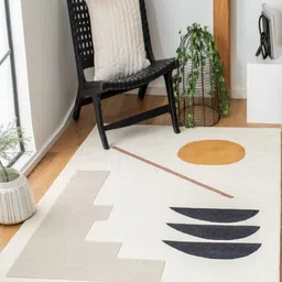 Safiya Carpet Beige & Grey Geometric Printed Hand-Tufted Woollen Carpet image 1