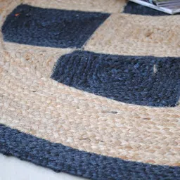 Art Avenue Beige & Blue Checked Round Jute Rug image 3