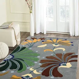 Safiya Carpet Grey & Green Floral Printed Hand-Tufted Rectangle Shaped Woollen Carpet image 3