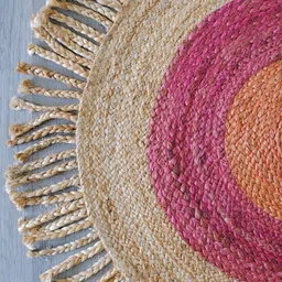 Art Avenue Beige & Pink Colourblocked Jute Round Carpet image 4