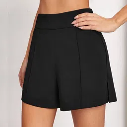 Solid Women Black High Waist Shorts-image-2