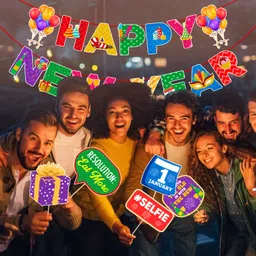 zyozique Multicolor Happy New Year Party Decorations Banner & Photo Booth (Pack Of 26) image 5
