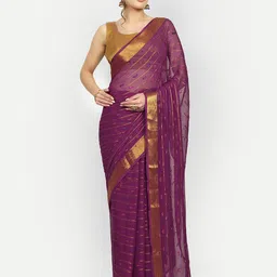 Aardiva Striped Printed Zari Pure Chiffon Saree-image-6