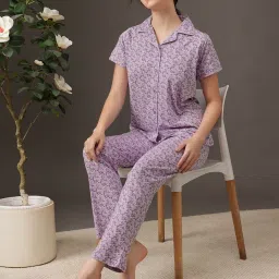 Clovia Cotton Printed Button Down Shirt and Pyjama image 4