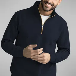 tripr Men Solid High Neck Blue Sweater image 3
