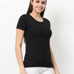 wafaa Women Solid Round Neck Pure Cotton Black T-Shirt image 4