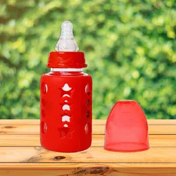the little lookers Glass Feeding Bottle for Newborns/Infants/Babies | With Silicone Warmer Cover ('RED', 120 ML) - 120 ml image 5