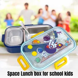 2 Compartment Lunch Box With Spoon For School & Office Stainless Steel Lunch Box 2 Containers Lunch Box-image-0