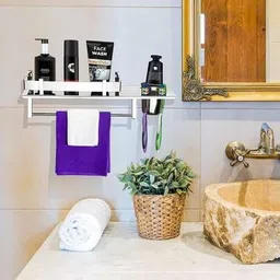 filox Stainless Steel 3 in 1 Multipurpose Bathroom Shelf/Rack/Towel Hanger/Tumbler Holder/Chrome finish Bathroom Accessories (15 x 6 Inches) Silver Towel Holder-picture-22