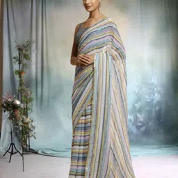 jayu Digital Print, Embroidered, Printed, Striped Bollywood Georgette Saree image 3