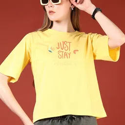 v-mart Women Printed Round Neck Cotton Blend Yellow T-Shirt-picture-14