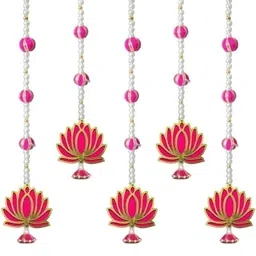 asm creation Handmade Lotus Jhumki with Pearl Pom Pom Home Decor Wall Hanging Pack of 5 image 2