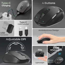 Foxin Flow Wireless Mouse with Rechargeable Battery, 4 Buttons, 800/1200/1600 DPI Wireless Ergonomic Optical Mouse with Bluetooth image 2