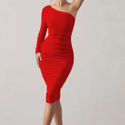wanquila Women Bodycon Red Knee Length Dress image 5
