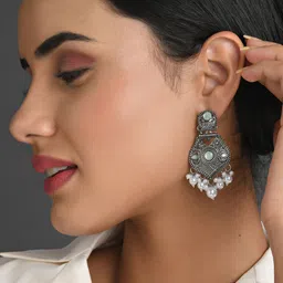 Fida Silver-Plated White Pearl Beaded Contemporary Drop Earrings-picture-30