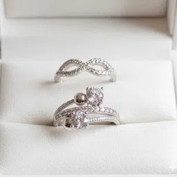 anjanaay Eternal Spark Silver Couple Rings Set | Infinity & Dual Stone Adjustable Sterling Silver Cubic Zirconia Sterling Silver Plated Ring Set image 1