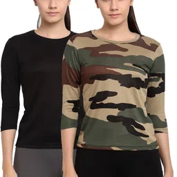 armisto Pack of 2 Women Sporty Round Neck Polyester Dark Green, Black T-Shirt-picture-12