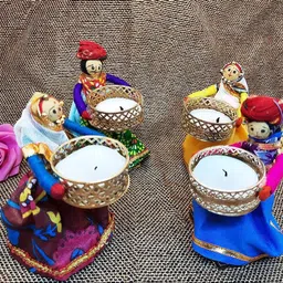 quvyarts Rajasthani puppet/kathputli tea light candle holder Wooden 4 - Cup Tealight Holder Set image 2