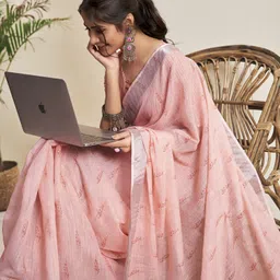 samah Ready to Wear Printed, Woven, Embellished, Striped Jamdani Pure Cotton Saree image 4