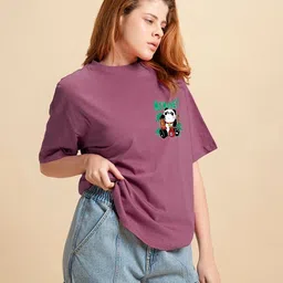 bewakoof Oversized Women Graphic Print Round Neck Pure Cotton Purple T-Shirt image 1