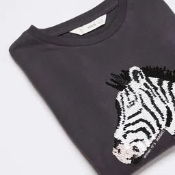 Mango Kids Girls Pure Cotton Zebra Sequin Embellished T-shirt image 5