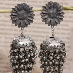Crunchy Fashion Silver-Toned Classic Jhumkas Earrings-image-17