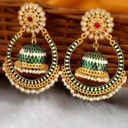 DASTOOR Green & White Gold-Plated Contemporary Jhumkas Earrings-picture-31