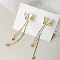 Yellow Chimes Gold Tone Butterfly Shape Stud Long Linear Chain Drop Dangle Earrings-image-0