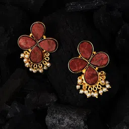 SOHI Gold-Toned & Red Contemporary Drop Earrings image 1