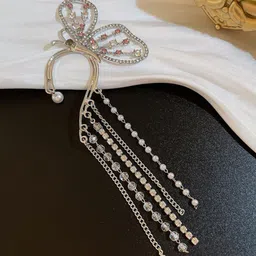 Pinapes Silver Plated Butterfly Shaped Rhinestone Studded & Beaded Ear Cuff Earrings-picture-35