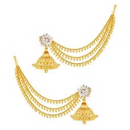 PINAAKA DARINI 1Gram Gold-Plated Dome Shaped Stone Studded & Beaded Jhumkas With Chains-picture-30
