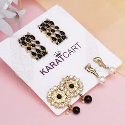 KARATCART Women Set of 3 Black Kundan Gold-Plated Classic Drop Earrings-picture-16