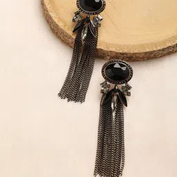 DressBerry Black Gold-Plated Stone Studded Tasseled Drop Earrings-picture-29