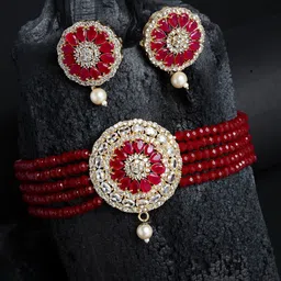 ZENEME Gold-Plated Stone Studded & Beaded Choker Jewellery Set-picture-23