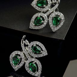 ZENEME Green Leaf Shaped American Diamond Studs Earrings-picture-26