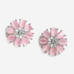 DressBerry Rhodium-Plated & Pink American Diamond-Studded Floral Studs Earrings-picture-12