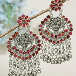 Moedbuille Silver Plated Contemporary Artificial Stones Studded Oxidised Drop Earrings-image-17