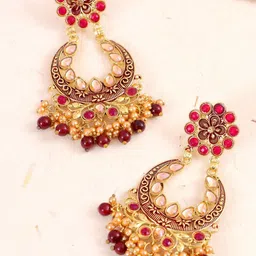 Crunchy Fashion Maroon Contemporary Gold-Plated Chandbalis Earrings-image-2