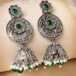 ADIVA Silver-Plated Stone-Studded & Beaded Floral Jhumkas-picture-26