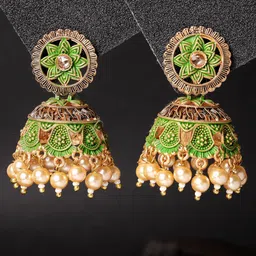 ADIVA Gold-Plated Pearl Beaded & Stone-Studded Dome Shaped Jhumkas-picture-12