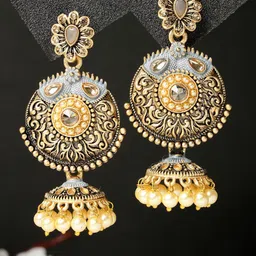 ADIVA Antique Gold-Plated Kundan-Studded & Pearls Beaded Dome Shaped Jhumkas-image-94