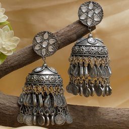 TEEJH Silver-Plated Dome Shaped Stone Studded Jhumkas-picture-23