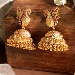 Rubans Divine Feathers 22k Gold-Plated Jhumka Earrings with Peacock Charm-picture-58