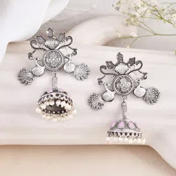 DASTOOR Silver-Plated Beaded & Stone Studded Oxidised Classic Jhumkas-picture-55