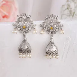 DASTOOR Silver-Plated Peacock Shaped Jhumkas Earrings-picture-17