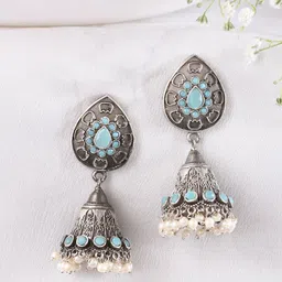 DASTOOR Silver-Plated Teardrop Shaped Jhumkas Earrings-picture-26