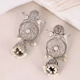 DASTOOR Silver-Plated Stone-Studded Silver & Beaded Dome Shaped Oxidised Jhumkas-picture-11
